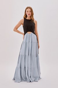 Tamsin Linen Black and Dusty Blue Split Maxi Dress
