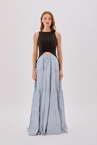Tamsin Linen Black and Dusty Blue Split Maxi Dress