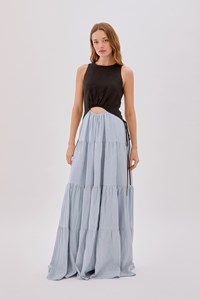 Tamsin Linen Black and Dusty Blue Split Maxi Dress