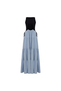 Tamsin Linen Black and Dusty Blue Split Maxi Dress