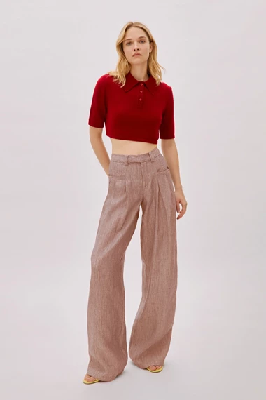 Candice Red Linen-Blend Striped Pants