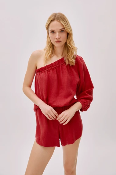 Capri Deep Red Linen One Sleeve Top