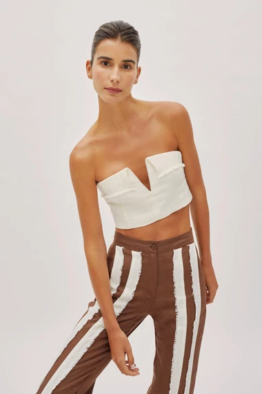 Dune Off-White Linen Fringe V Neck Crop Top