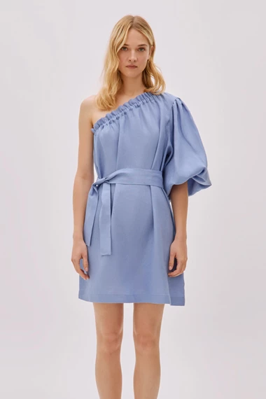 Florence Cloud Blue Linen One Sleeve Mini Dress 