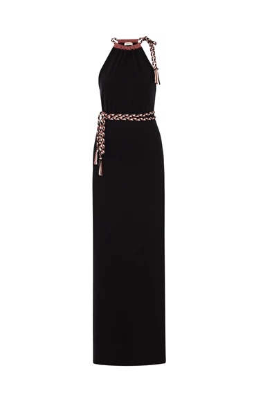 Gaia Black Braided Belt Jersey Maxi Dress