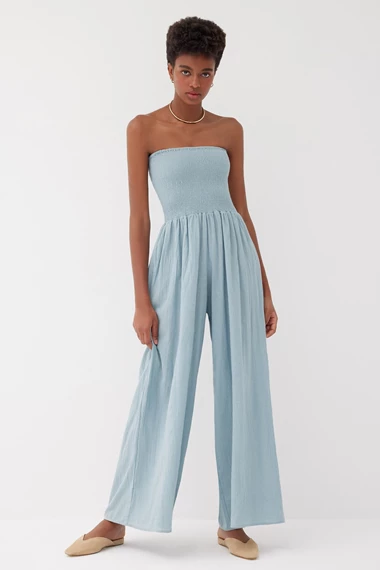 Mare Ocean Blue Cotton Shirred Jumpsuit