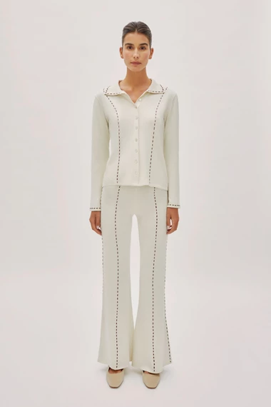 Marina Ecru Contrast Stitch Flared Pants