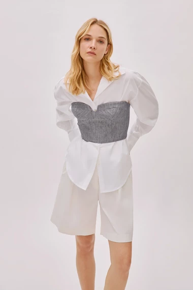 Storm Blue Striped Linen-Blend Bustier Top