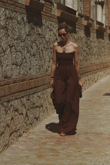 Mare Brown Cotton Shirred Jumpsuit