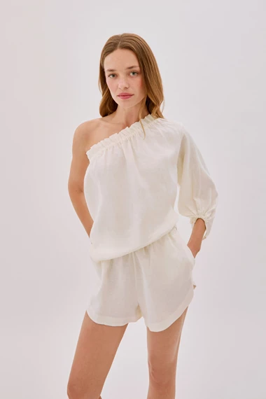 Capri White One Sleeve Linen Top