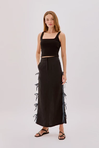 Carolina Black Linen Bow Midi Skirt