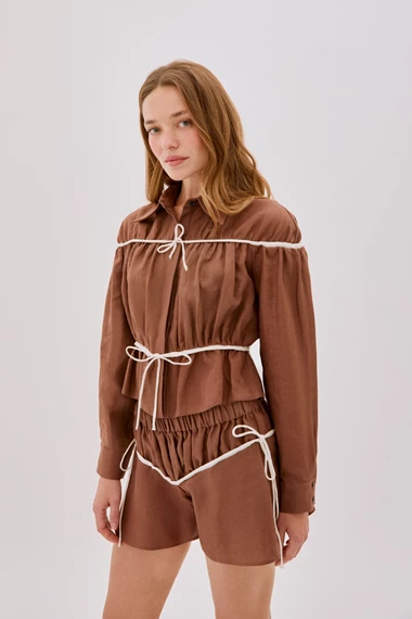 Colette Cappuccino and Ecru Linen Tie Shorts