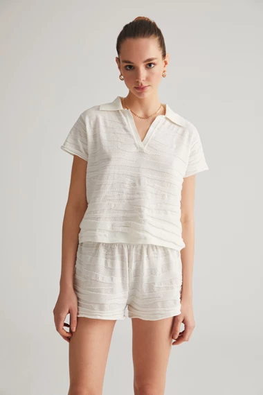 Ecru Textured Polo T-Shirt