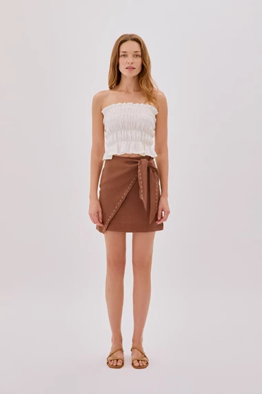 Eva Ecru Strapless Shirred Linen Top
