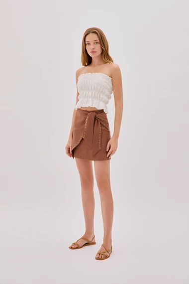 Asher Cappuccino Linen Cut Out Contrast Stitch Wrap Skirt