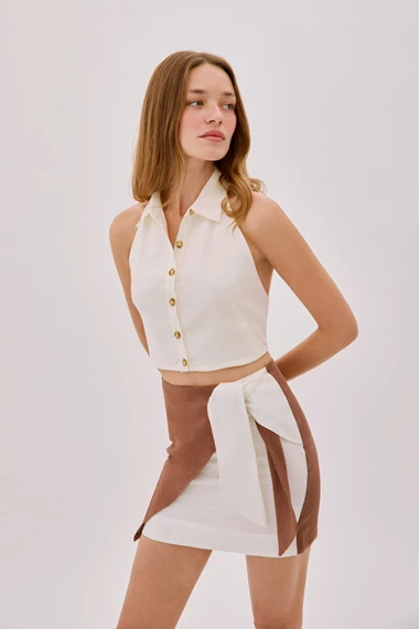 Eliza Cappuccino and Ecru Linen Wrap Mini Skirt