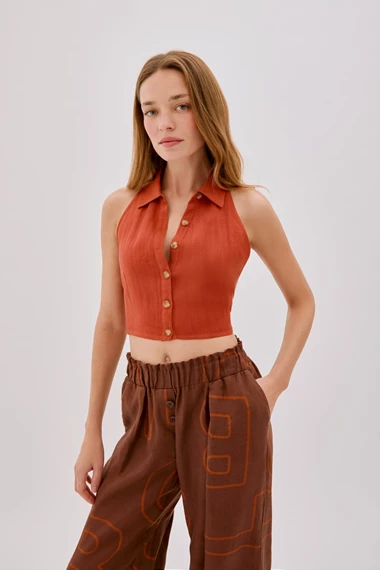 Leah Terracotta Linen Collared Crop Top