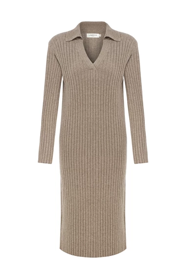 Naomi Coffee V Neck Cashmere-Blend Midi Dress