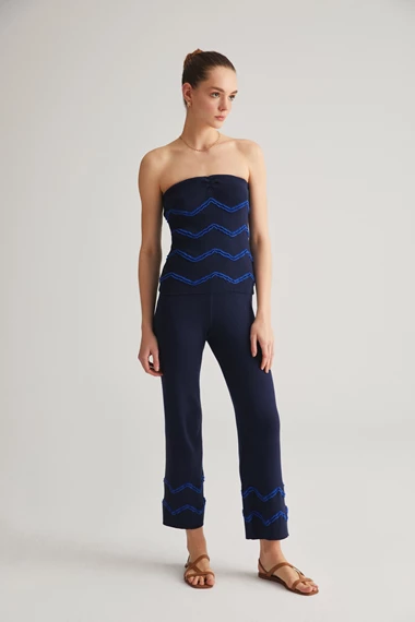 Navy Zig Zag Strapless Top