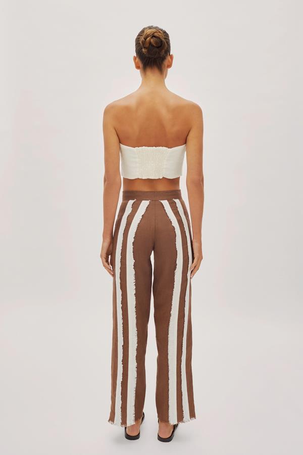 Delphine Cappuccino and White Linen Fringe Striped Trousers