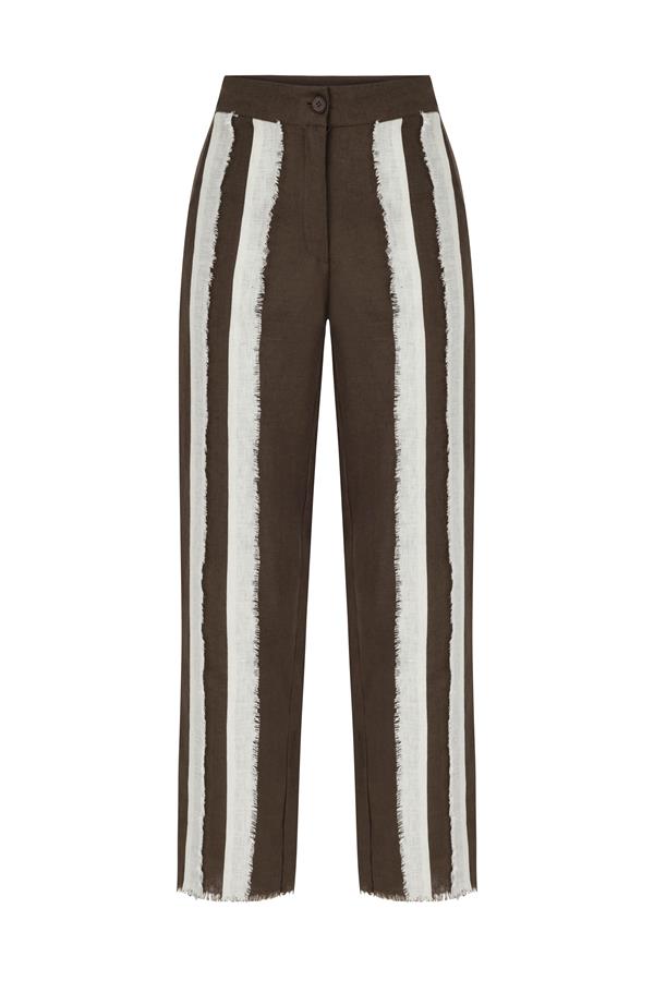 Delphine Cappuccino and White Linen Fringe Striped Trousers