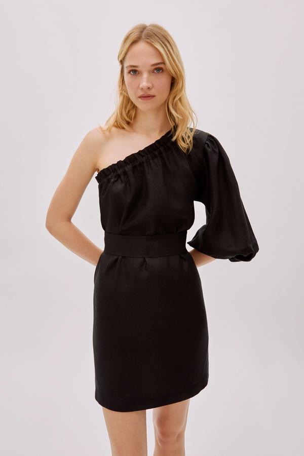 Florence Black Linen One Sleeve Mini Dress