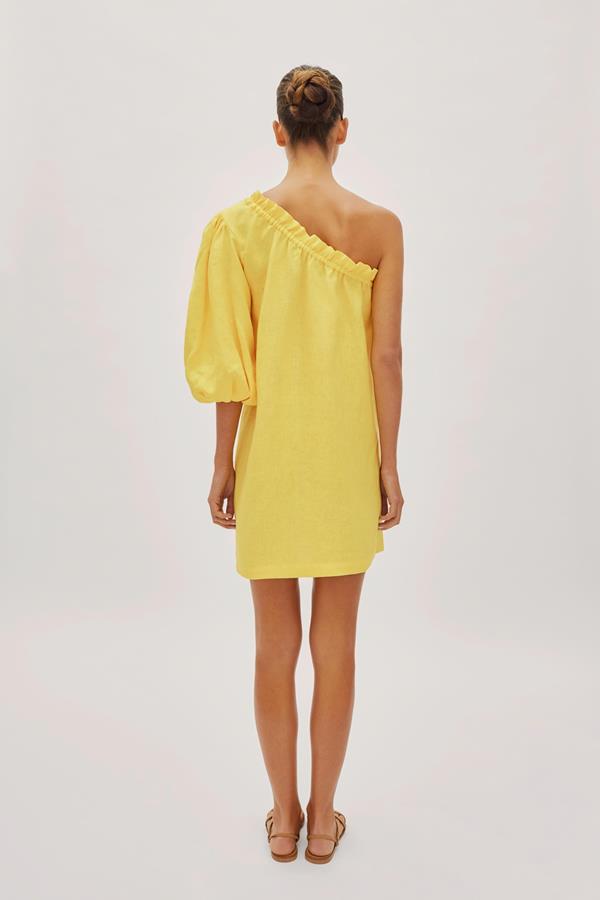 Florence Lemon Yellow Linen One Sleeve Mini Dress 