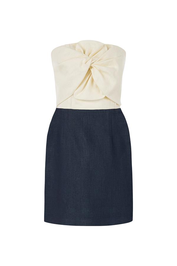 Hazel Two-Tone Navy Linen Twist Mini Dress