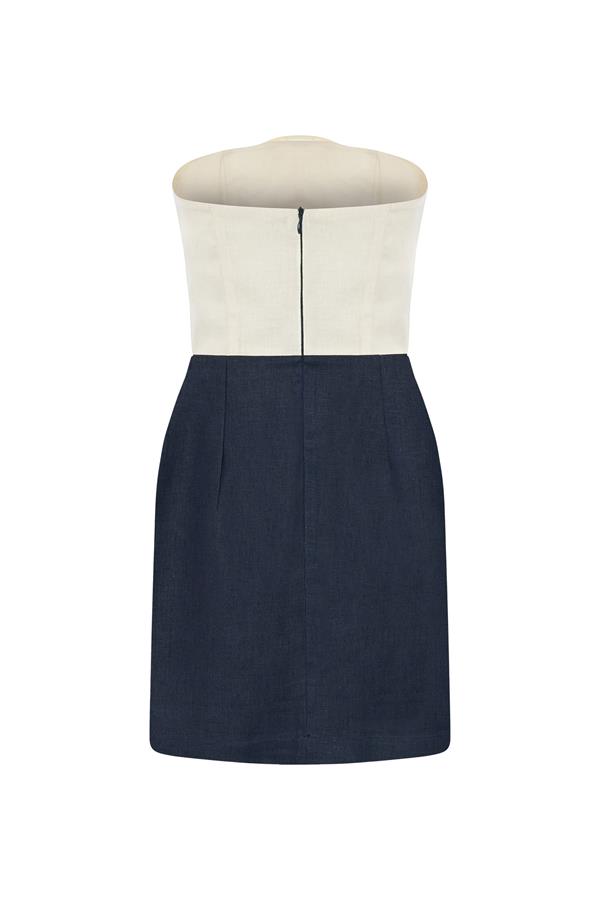 Hazel Two-Tone Navy Linen Twist Mini Dress