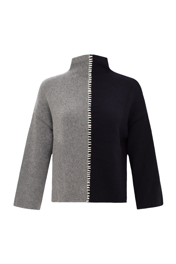 Ivy Grey and Navy Contrast Stitch Wool Sweater