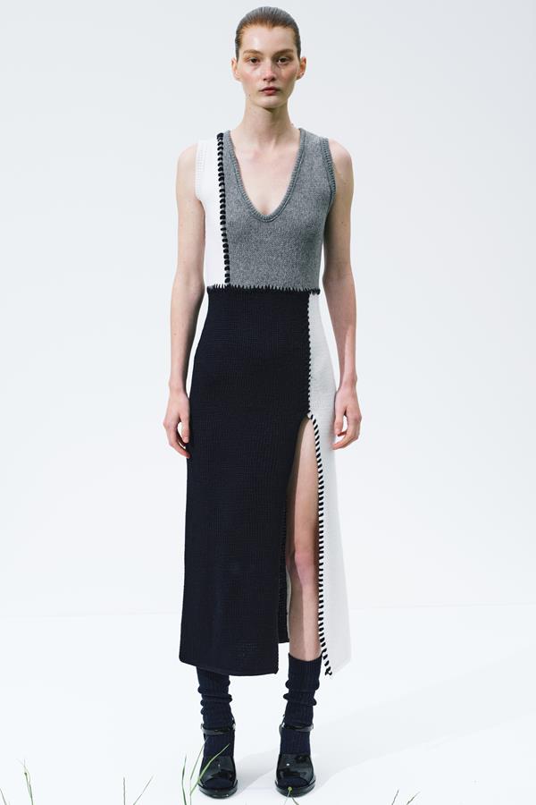 Ivy Monochrome Contrast Stitch Wool Midi Dress