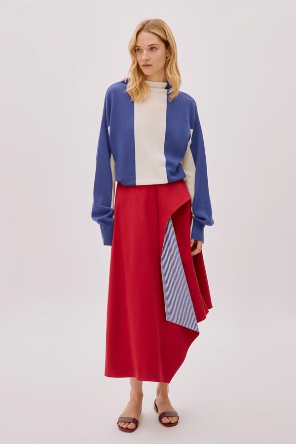 Kayra Red and Blue Cotton Striped Skirt