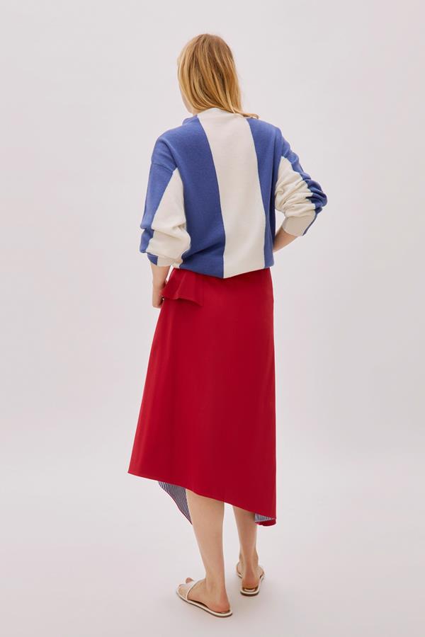 Kayra Red and Blue Cotton Striped Skirt