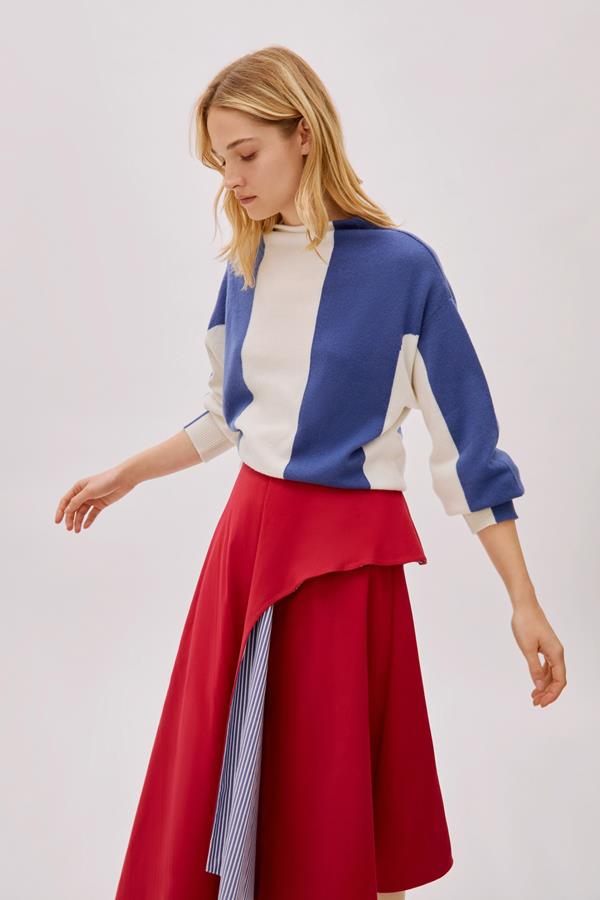 Kayra Red and Blue Cotton Striped Skirt