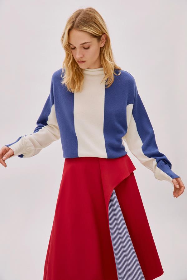 Kayra Red and Blue Cotton Striped Skirt