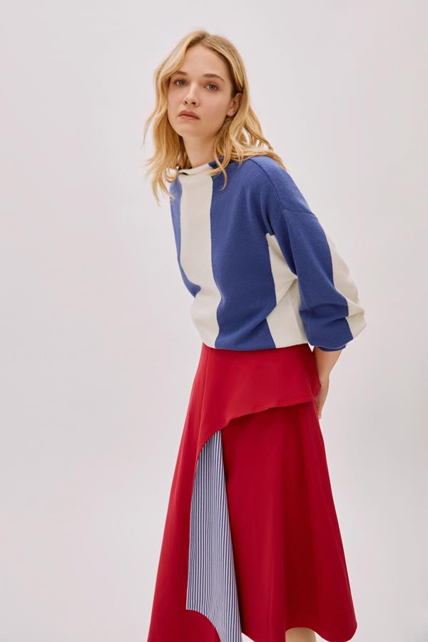 Kayra Red and Blue Cotton Striped Skirt