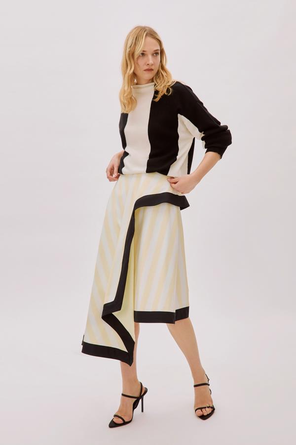 Kayra Yellow and White Cotton Striped Skirt