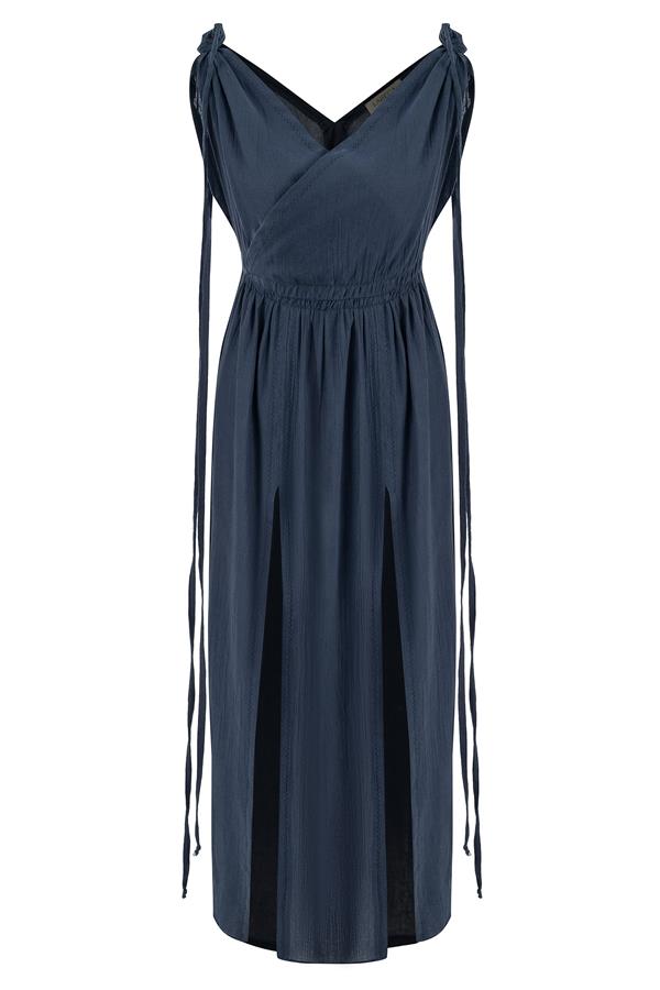 Ava Indigo Cotton Adjustable Shoulder Dress