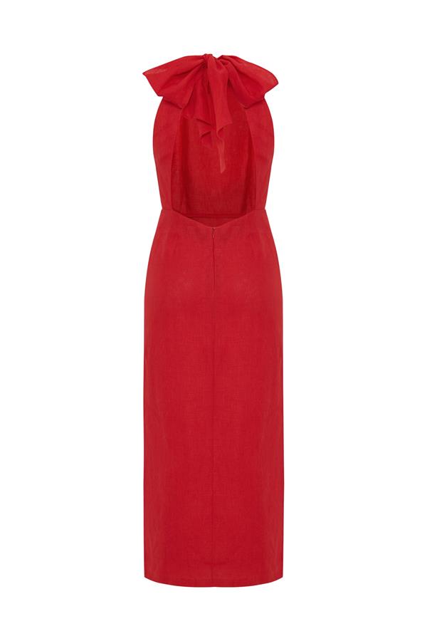 Laura Goji Red Linen Halter Neck Dress
