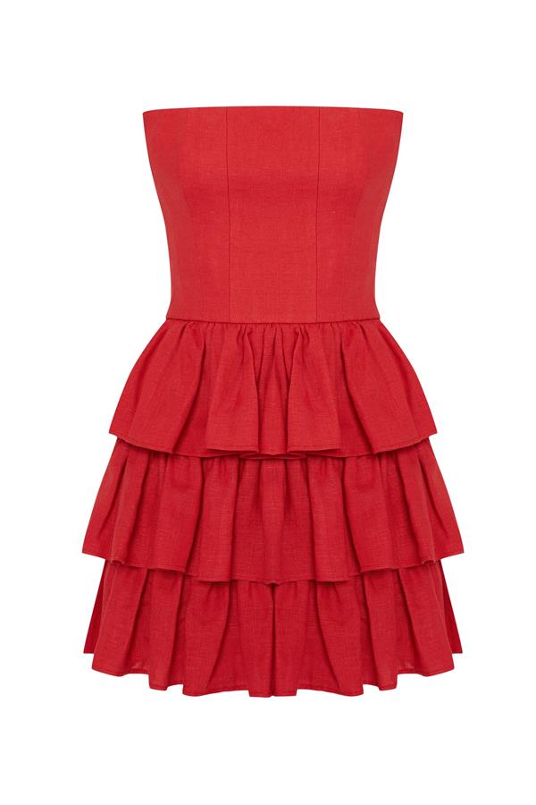 Mila Goji Red Linen Strapless Mini Ruffle Dress