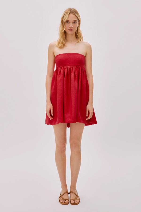 Mykonos Deep Red Linen Strapless Mini Dress