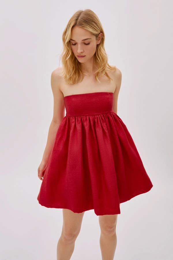 Mykonos Deep Red Linen Strapless Mini Dress