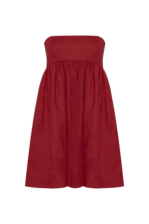 Mykonos Deep Red Linen Strapless Mini Dress