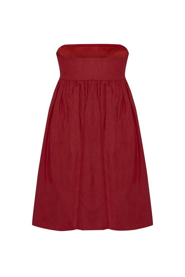 Mykonos Deep Red Linen Strapless Mini Dress