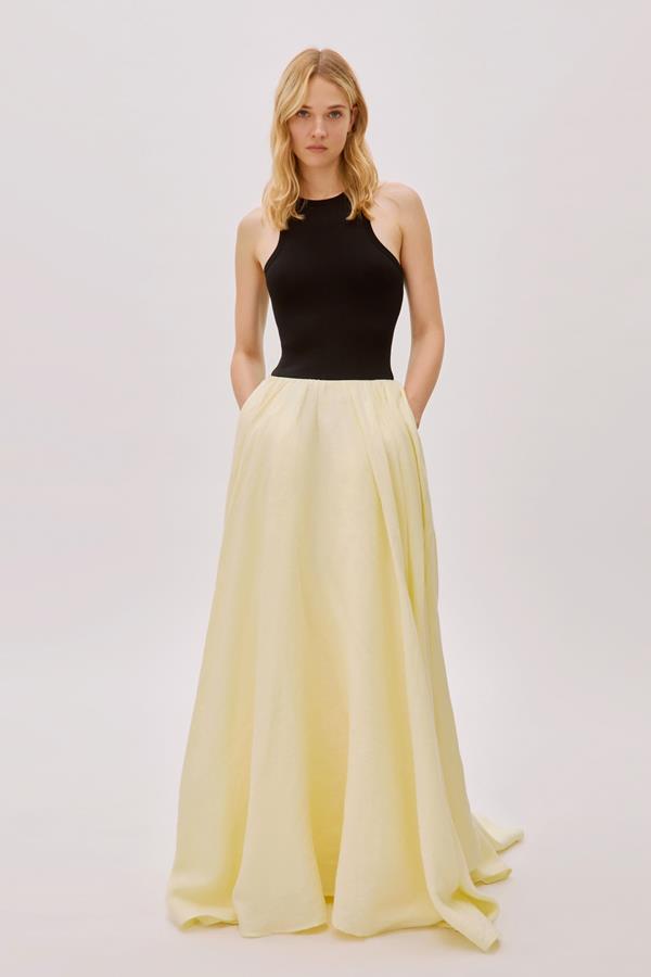 Nikki Black and Yellow Linen Maxi Dress