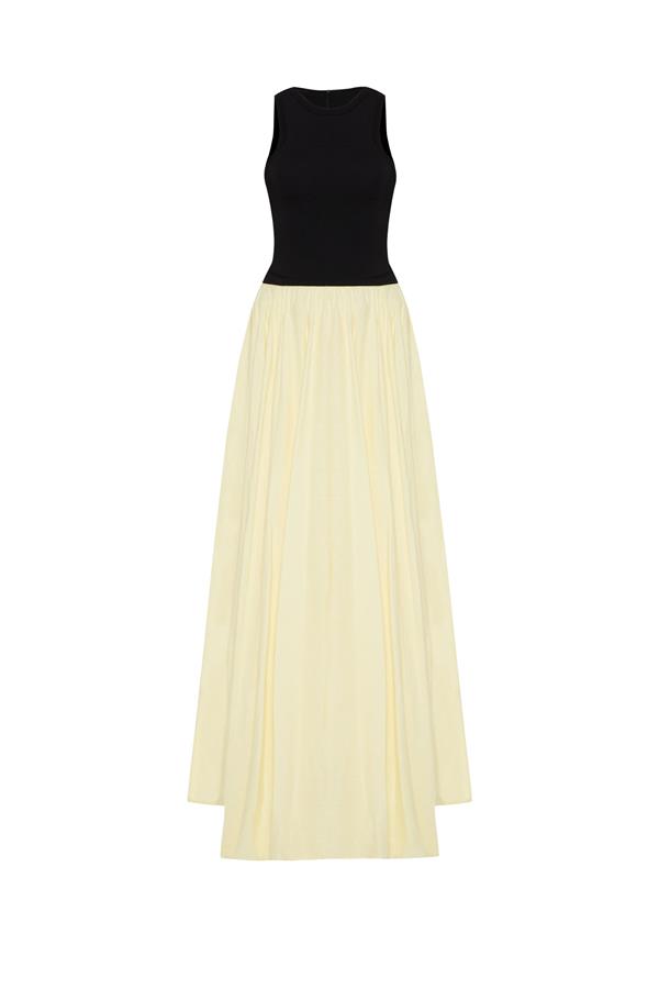 Nikki Black and Yellow Linen Maxi Dress