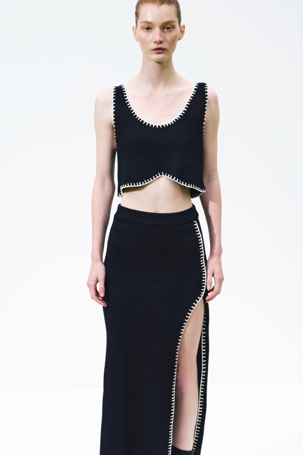 Sabrina Navy Contrast Stitch Wool Midi Skirt