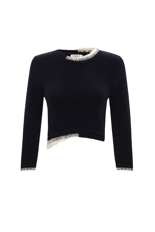 Selene Navy Wool Contrast Stitch Sweater