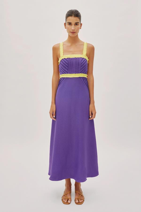 Sicily Twilight Purple and Lemon Yellow Linen Contrast Strap Midi Dress