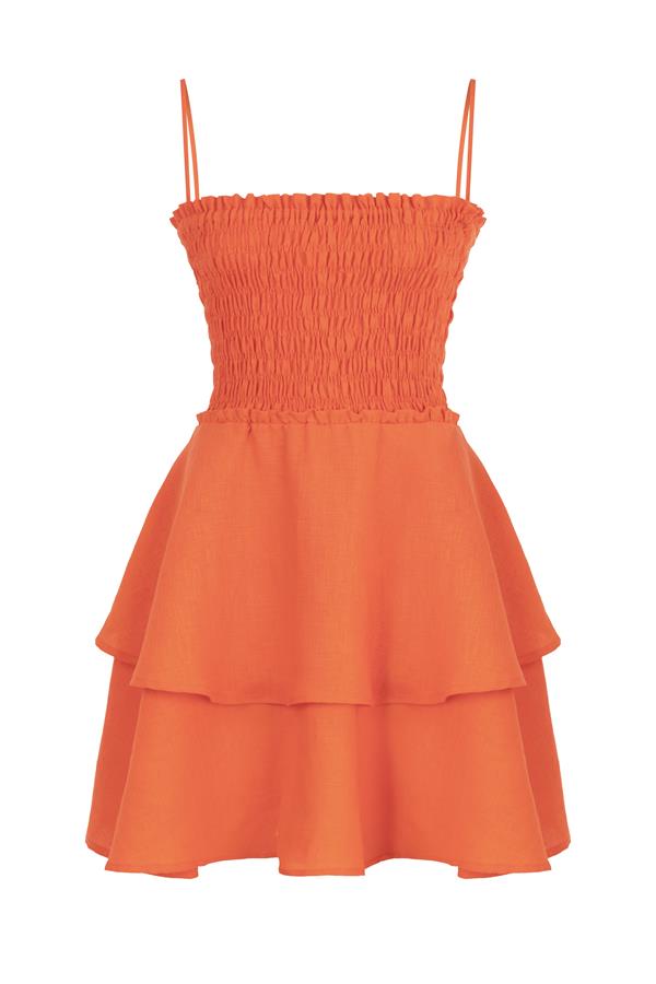 Sorrento Citrus Orange Linen Shirred Mini Dress